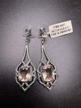 STS 925 Sterling Silver Peach Stone Drop Earrings Art Deco Style Filigree